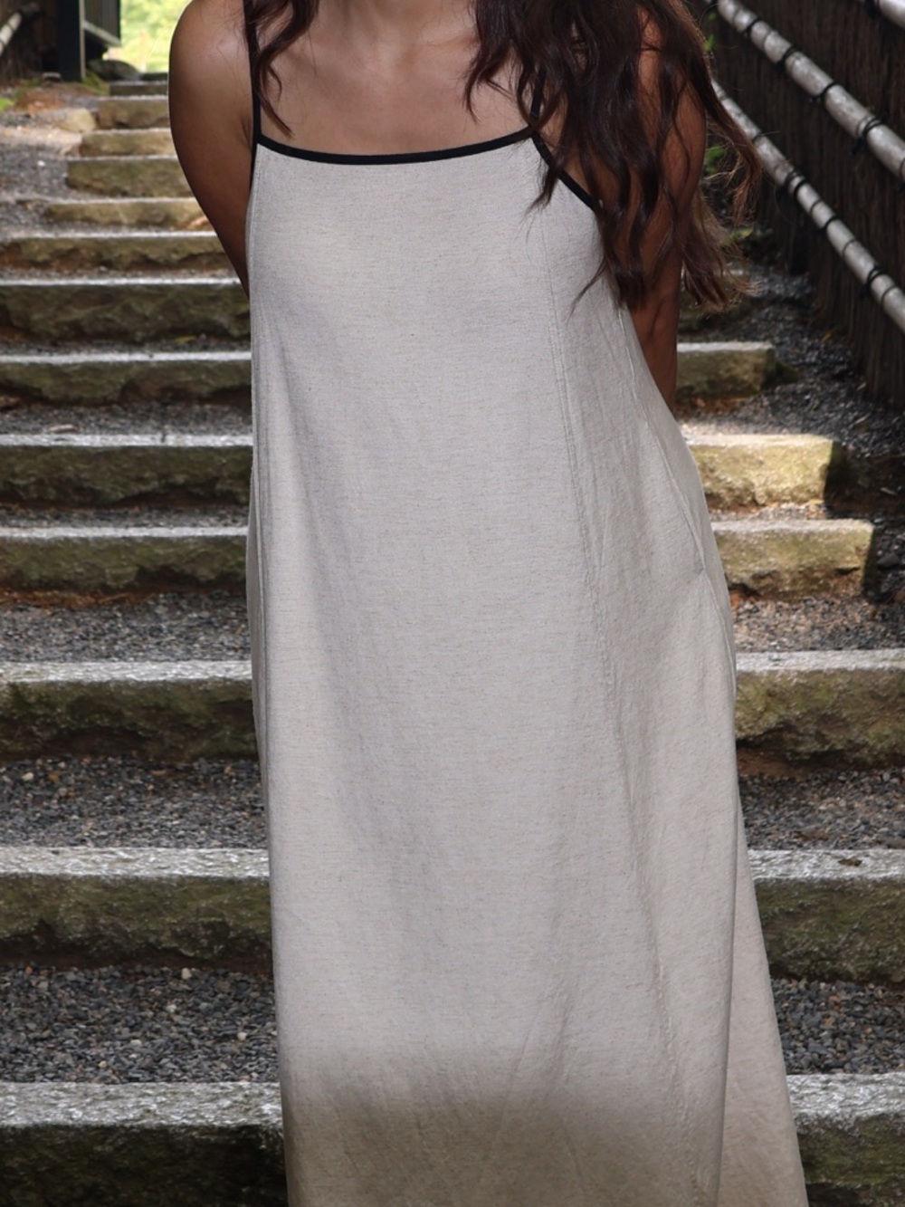 Simple Cream Slip Dress with Black Trim